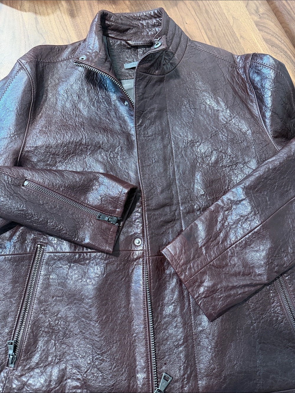 John Varvatos Men's Classic Zip-Front Leather Jacket in cherry wood